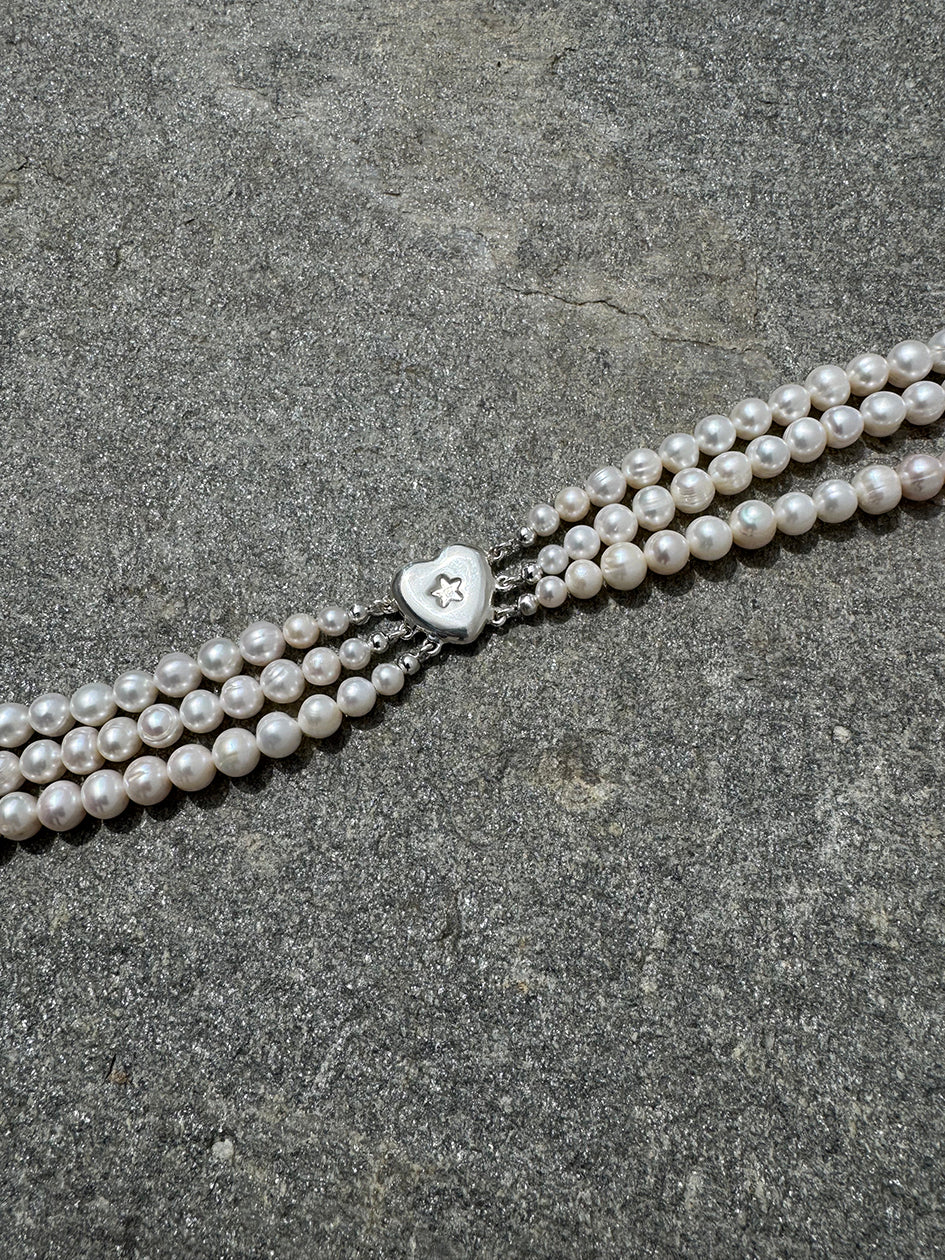 3 ROW STAR HEART PEARL CHOKER 925 sterling silver - Image 3