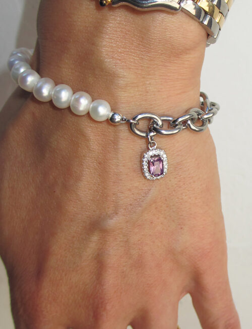 THE HALF CHAIN HALF PEARL PURPLE GEM BRACELET