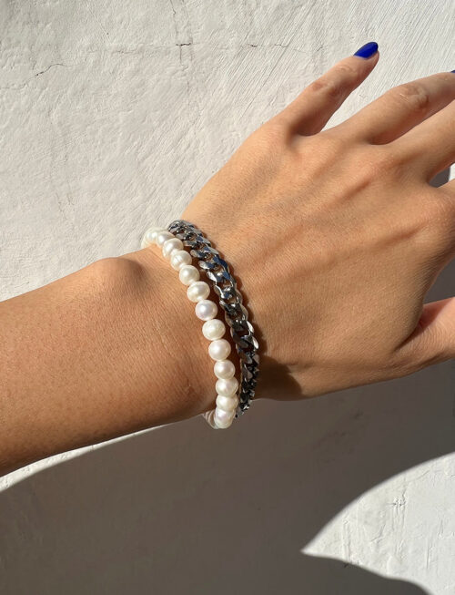 MEDIUM CHAIN X FRESHWATER PEARL BRACELET SET SILVER
