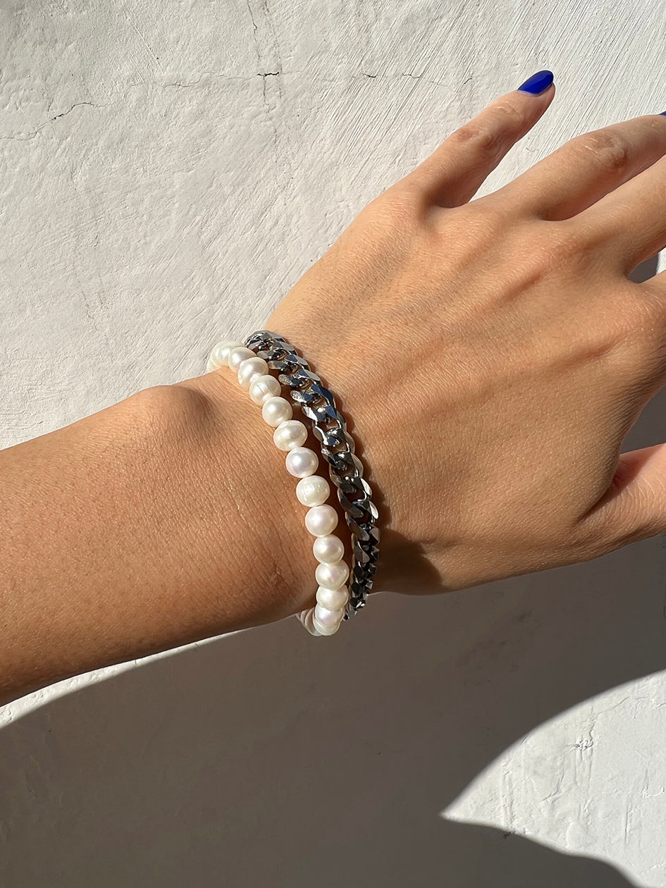 MEDIUM CHAIN X FRESHWATER PEARL BRACELET SET SILVER