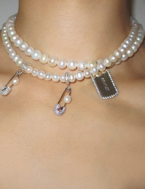 DBL PIN THROUGH MY PEARL FRESHWATER PEARL CHOKER SILVER