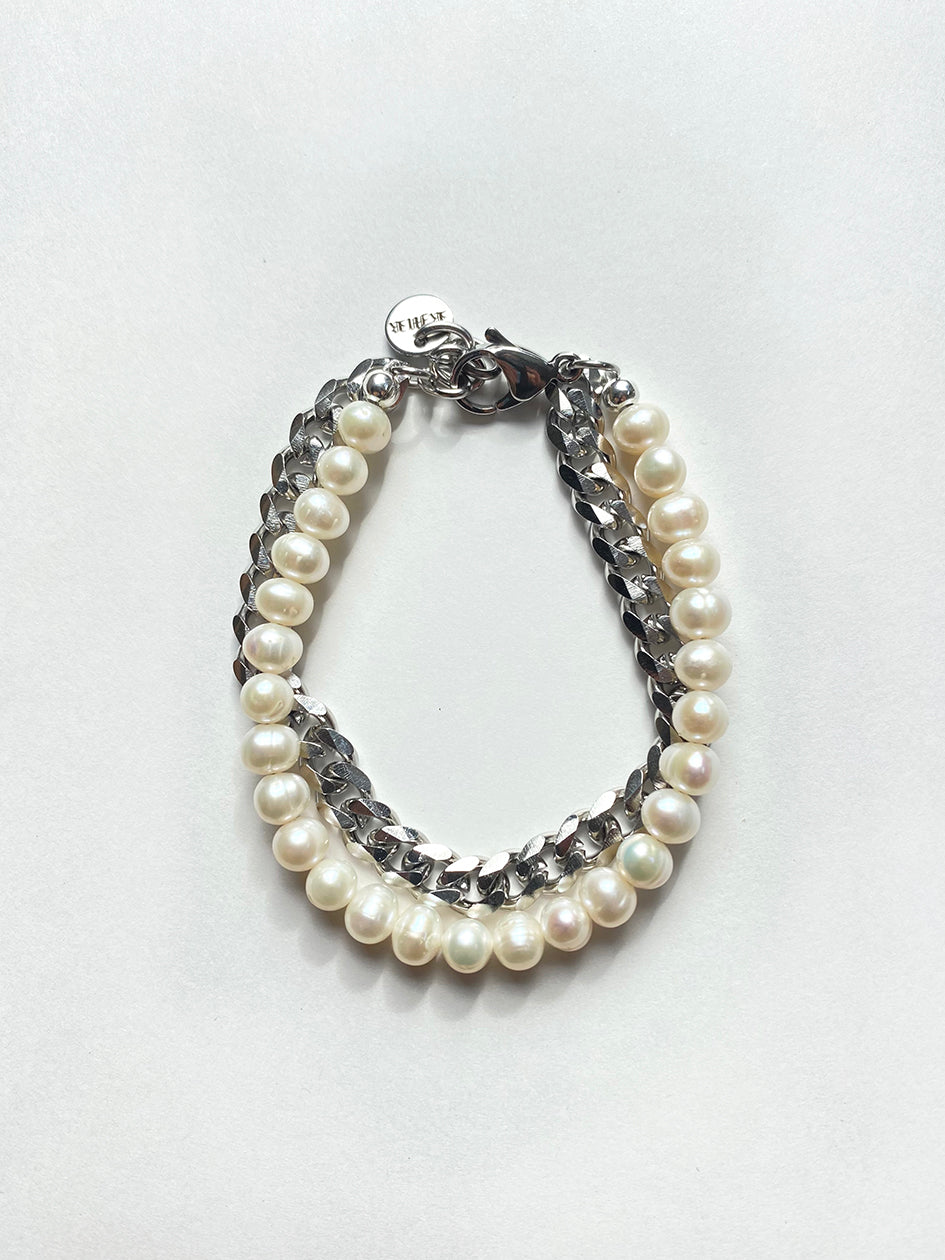 MEDIUM CHAIN X FRESHWATER PEARL BRACELET SET SILVER - Image 4