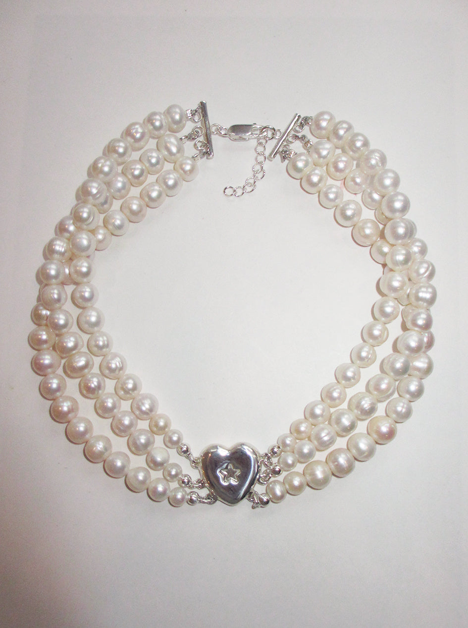 3 ROW STAR HEART PEARL CHOKER 925 sterling silver - Image 2