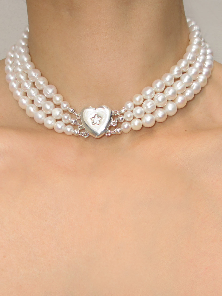 3 ROW STAR HEART PEARL CHOKER 925 sterling silver