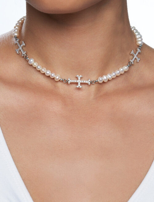 TRIO ADAMAS CROSS FRESHWATER PEARL CHOKER